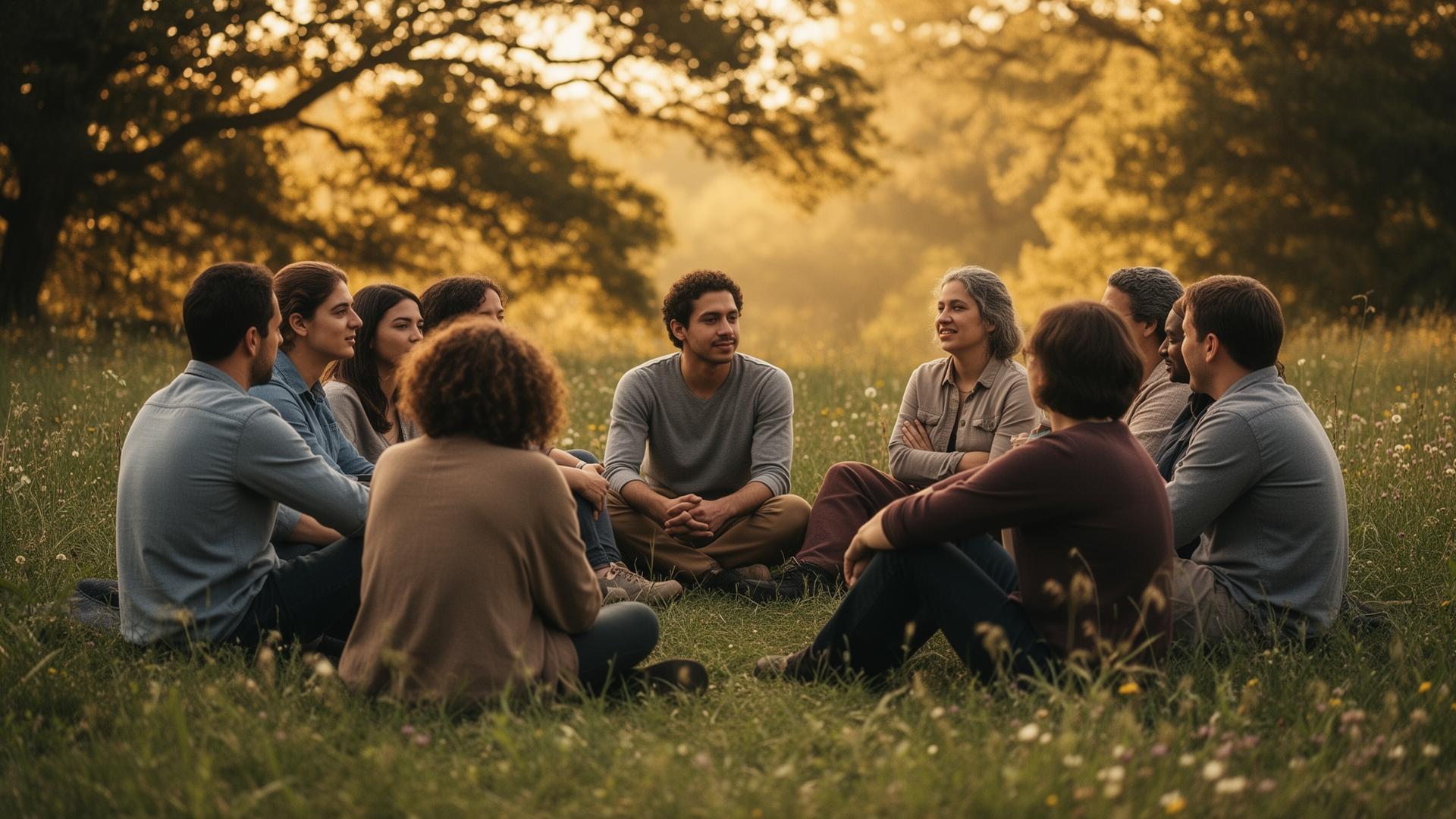 People sitting together in a circle outdoors in warm golden light
